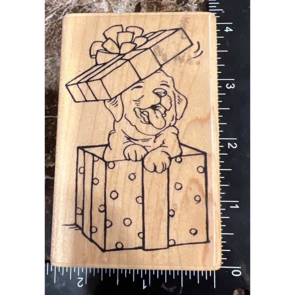2013 Stampendous Wood-Mounted Rubber Stamp M306 Puppy Present Christmas